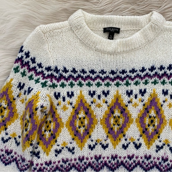 Talbots Cream Purple Fair Isle Wool Mockneck Sweater Petite - Picture 3 of 10